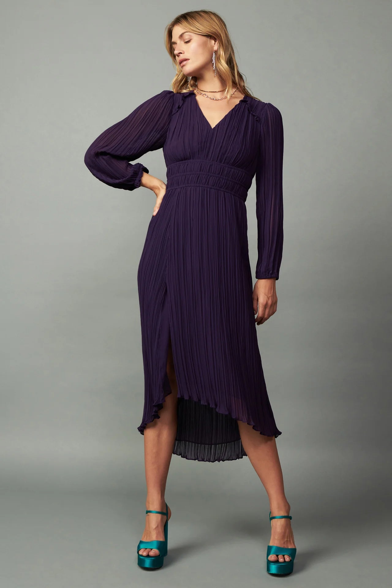 Pleated V-Neck Midi Dress - Current Air