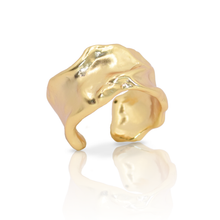 Load image into Gallery viewer, A textured, adjustable crumpled foil ring with rivets, available in gold, silver, and rose gold finishes, measuring 0.5&quot; wide.

