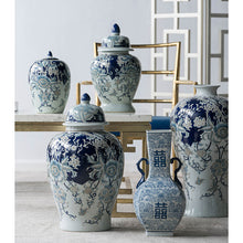 Load image into Gallery viewer, A stunning Bryn Porcelain Urn, intricately detailed in blues and golds. Crafted from sleek Porcelain with a high gloss glaze, it&#39;s a true work of art.
