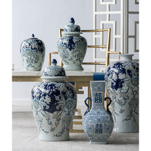 Load image into Gallery viewer, Intricate blue and gold porcelain ginger jar, a stunning artwork with exquisite details. Durable and glossy, a true masterpiece.
