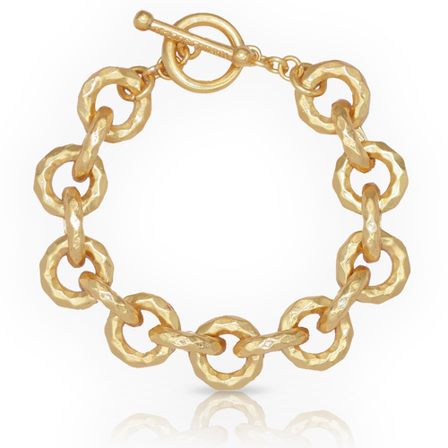 A luxurious bracelet showcasing textured round links and demi circles, complete with a toggle clasp and a radiant shine.