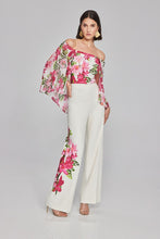 Load image into Gallery viewer, Fitted off-shoulder floral top in scuba crepe chiffon with pleated cape for added elegance. From the Signature Collection.
