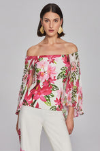 Load image into Gallery viewer, Floral print off-shoulder top in scuba crepe chiffon. Fitted design with pleated cape for elegance. Versatile and stylish for all occasions.
