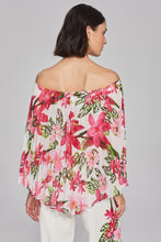 Load image into Gallery viewer, Off-shoulder top in floral print, scuba crepe chiffon fabric. Fitted design with pleated cape. Versatile and elegant, perfect for any occasion.
