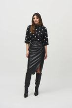 Load image into Gallery viewer, Elegant leatherette pencil skirt with hidden elastic waistband, featuring side shirring and wrapped front for a flattering silhouette.
