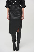 Load image into Gallery viewer, Modern leatherette pencil skirt with elastic waistband, side shirring, and wrapped front, perfect for day-to-night transitions.
