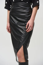 Load image into Gallery viewer, Chic leatherette pencil skirt showcasing a wrapped front and side shirring, designed for comfort and style from day to evening.
