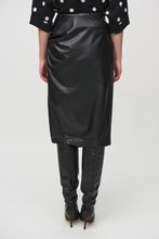 Load image into Gallery viewer, Modern pencil skirt in leatherette, showcasing side shirring and a wrapped front, offering comfort and sophisticated style.
