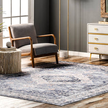 Load image into Gallery viewer, Chic gray room with chair and table adorned by a modern, flat pile rug featuring a Transitional, Oriental/Persian design made of 100% Polyester from China.
