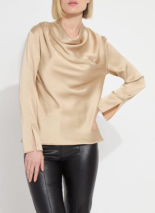 Elegant High Cowl Neck Blouse in Hammered Silk-Touch Satin, featuring a draped front, bracelet sleeves, and a keyhole back.