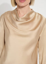 Load image into Gallery viewer, Stylish High Cowl Neck Blouse crafted from Hammered Silk-Touch Satin, showcasing an open front, bracelet sleeves, and keyhole back.
