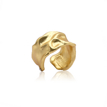 Load image into Gallery viewer, This artistic crumpled foil ring features a textured finish and rivets, adjustable to fit most, in gold, silver, or rose gold.

