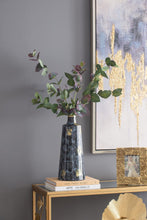 Load image into Gallery viewer, Decorative blue glass vase with gold flashes. Wide, curved silhouette, short neck, and round opening. Perfect for console table or mantel. 100% glass.
