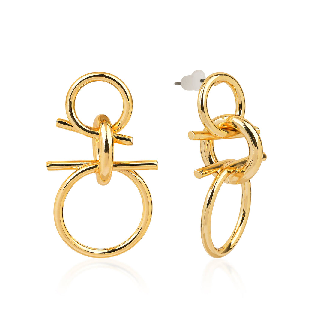 Golden Knot Earrings by Chakarr Jewelry, handcrafted from hypoallergenic stainless steel, blending comfort with timeless elegance.