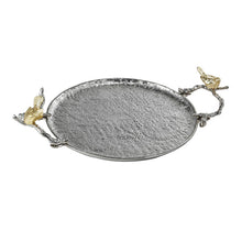 Load image into Gallery viewer, Gold birds on silver tray handles add charm. Great for serving cocktails or displaying a candle. Perfect accent for sunroom, kitchen, or bathroom.
