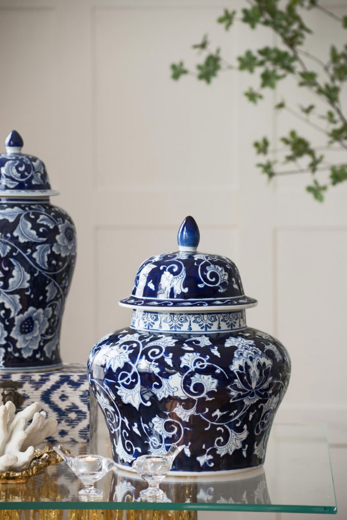 Blue and white Aline Ginger Jar with elegant flourishes, perfect for traditional or garden-themed spaces.