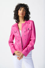 Load image into Gallery viewer, Elevate your style with a chic pink leather jacket featuring metal trims, suitable for both casual and formal occasions
