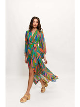 Load image into Gallery viewer, Vibrant wrap dress with psychedelic swirls, full sleeves, elastic cuffs, burnout fabric.
