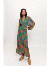 Load image into Gallery viewer, Stylish wrap dress in colorful swirl pattern, with full sleeves, elastic cuffs, and burnout fabric. Lindie Dress from Hutch.
