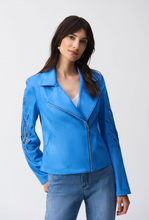 Load image into Gallery viewer, Stylish faux-suede moto jacket with a notched collar and fitted design, enhanced by foiling and embroidery for elegance.
