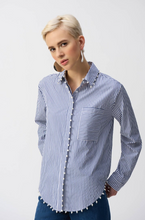 Load image into Gallery viewer, Classic striped button-down shirt in soft stretch cotton with a high-low hem and pearl trim, perfect for casual or dressy outfits.

