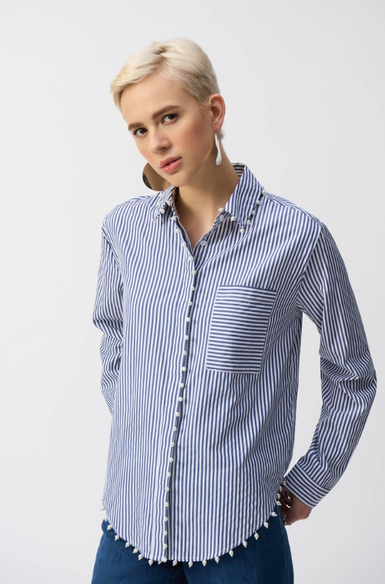 Classic striped button-down shirt in soft stretch cotton with a high-low hem and pearl trim, perfect for casual or dressy outfits.
