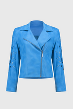 Load image into Gallery viewer, Stand out in this faux-suede moto jacket, showcasing a fitted silhouette, notched collar, and stylish foiling and embroidery.
