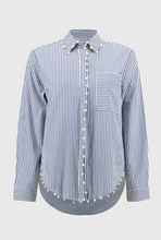 Load image into Gallery viewer, Striped button-down shirt made of soft stretch cotton, with a flattering high-low hem and pearl trim, suitable for casual or formal wear.
