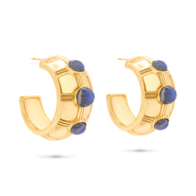 Load image into Gallery viewer, Gold hoop earrings adorned with blue labradorite stones, showcasing a bold and elegant design inspired by Cleopatra.
