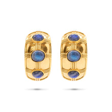 Load image into Gallery viewer, A pair of Cleopatra Bold Hoop Earrings featuring gold and blue labradorite stones, elegantly designed for a striking look.
