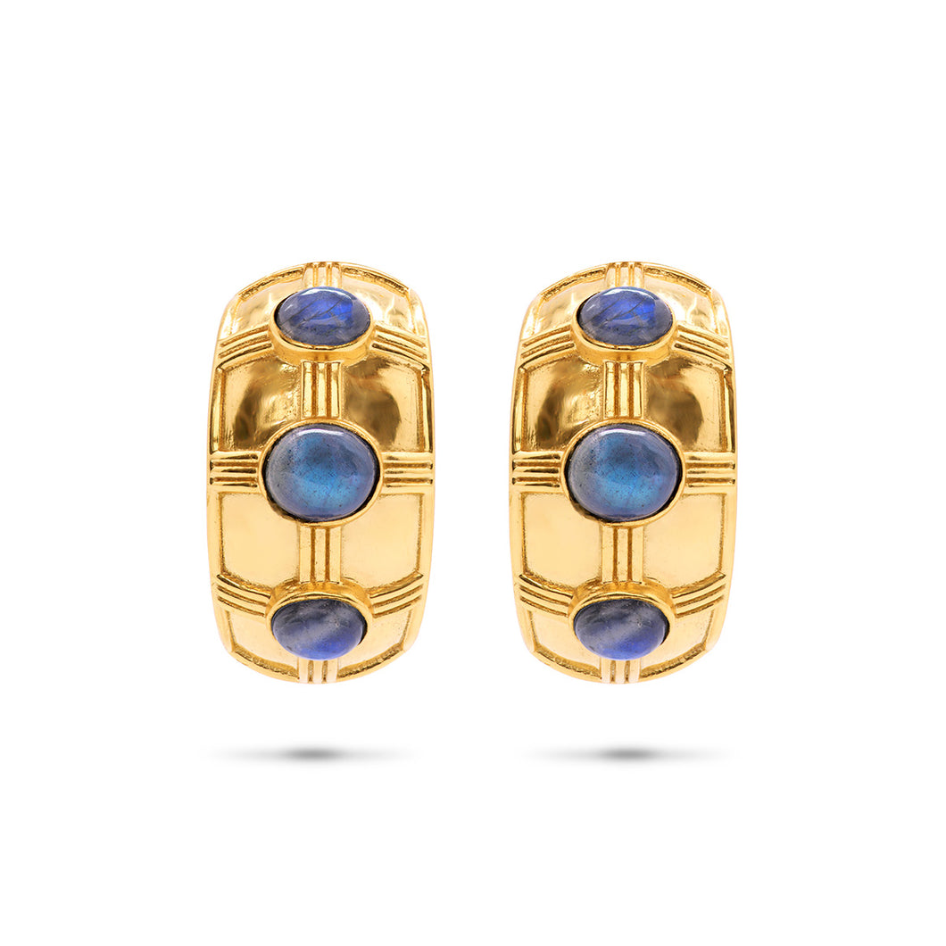 A pair of Cleopatra Bold Hoop Earrings featuring gold and blue labradorite stones, elegantly designed for a striking look.