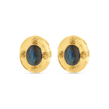 Load image into Gallery viewer, Elegant gold stud earrings adorned with blue labradorite stones, Cleopatra Hammered Gold/Blue Labradorite Oval Earrings.
