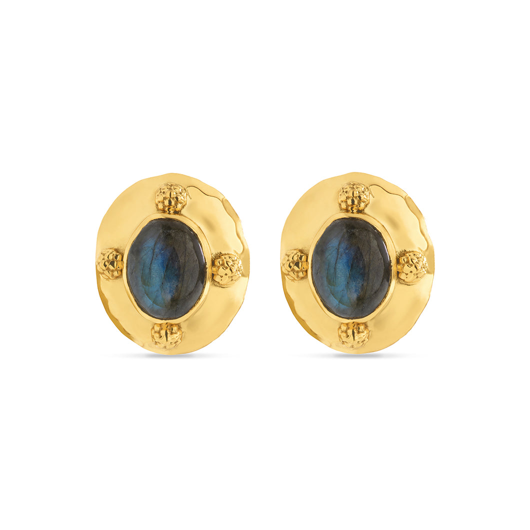 Elegant gold stud earrings adorned with blue labradorite stones, Cleopatra Hammered Gold/Blue Labradorite Oval Earrings.