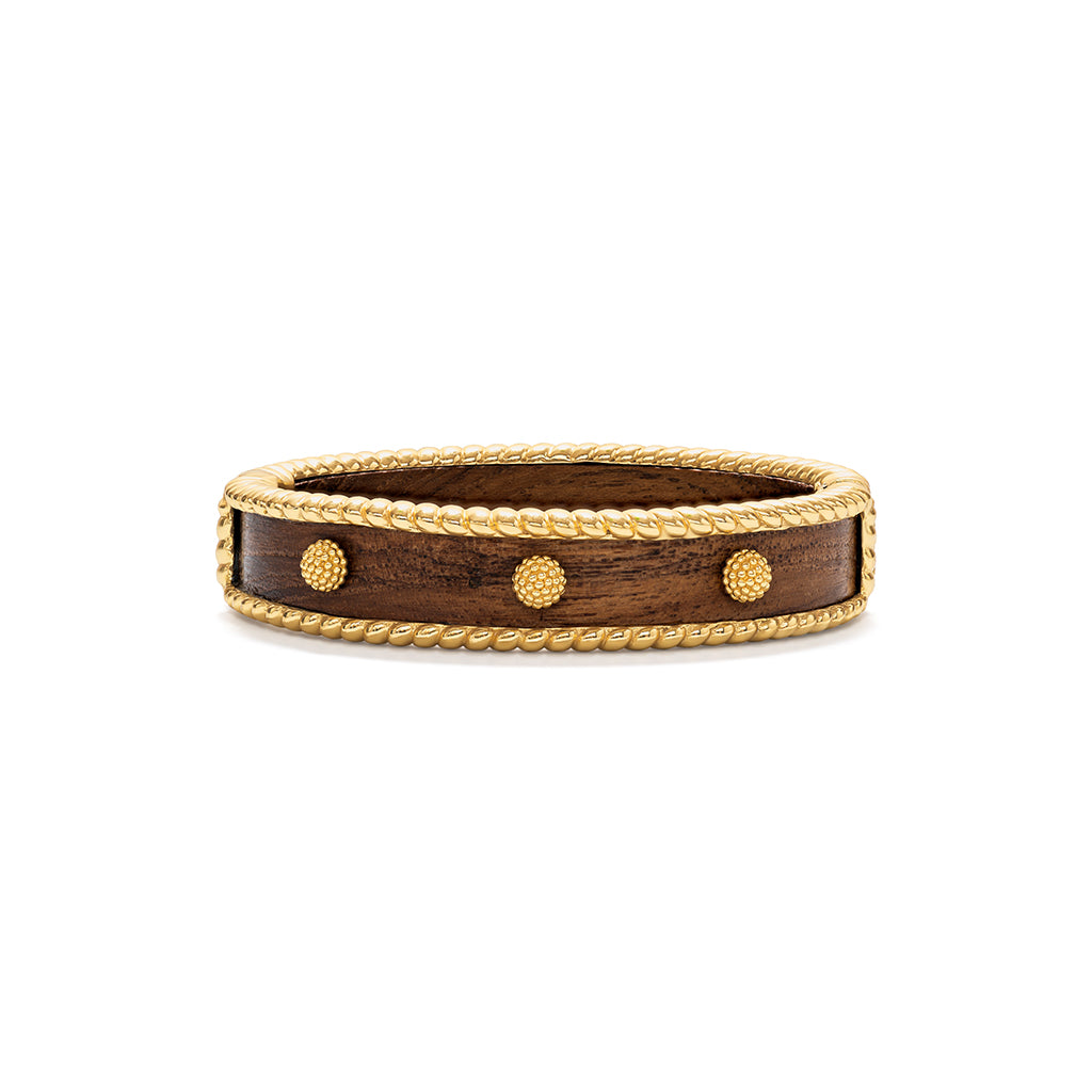 Elegant Berry Small Hinged Cuff in Teak with gold and brown bead accents.