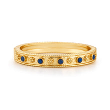 Load image into Gallery viewer, Stunning sapphire-studded yellow gold band, Berry Gem Classic Hinged Bangle - Blue Labradorite.
