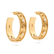 Load image into Gallery viewer, Elegant gold hoop earrings featuring clear cubic zirconia, designed with a unique hammered finish for a sophisticated look.
