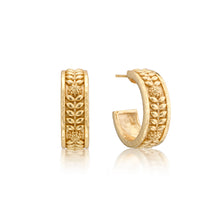 Load image into Gallery viewer, Detailed floral patterns adorn these gold hoop earrings, Berry Vine Small Hoop Earrings - Gold.
