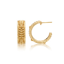 Load image into Gallery viewer, Intricately designed gold hoop earrings featuring floral motifs, Berry Vine Small Hoop Earrings - Gold.
