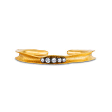 Load image into Gallery viewer, Textured handmade stackable bangles with contrasting stone settings, adjustable for any wrist size, gold plated over bronze.

