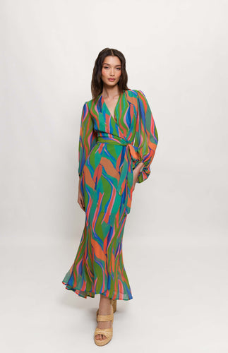 Colorful wrap dress with vibrant psychedelic swirl pattern, full sleeves, elastic wrist cuffs, and burnout fabric.