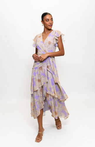 Lavender floral wrap dress with ruffle sleeves and tiered design.