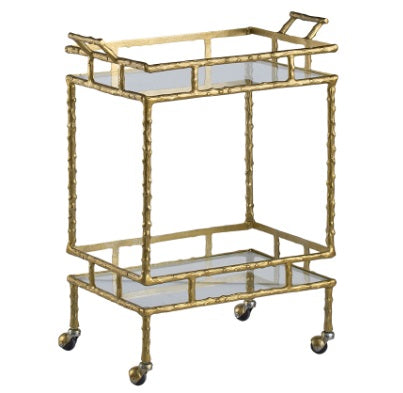 Silver bar cart with brass antique finish. Made of aluminum and glass. Two-tiered with two shelves and handles for easy mobility.