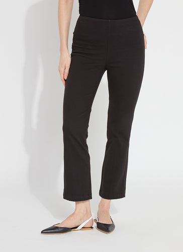 Black stretchy cropped pants by Lysse, ankle denim baby bootcut style.