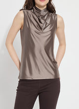 Load image into Gallery viewer, Irina Satin Jersey Turtleneck Top (Ash) - Lysse: A silky satin top in ash color with a turtleneck design by Lysse.
