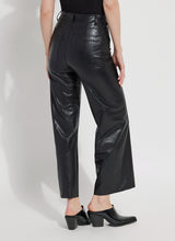 Load image into Gallery viewer, Wide-leg pants made from 4-way stretch textured vegan leather with concealed waistband, beltloops, and patch pockets. Ankle-length with raw-edge hem for easy shortening.
