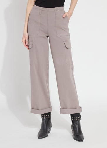 Ash-colored cropped trousers, the Scout Hi Waist Cuffed Cargo by Lysse, crafted from soft, lightweight fabric.