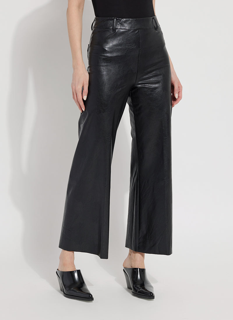 Hi Waist Vegan Leather Wide Leg pant in 4-way stretch Textured Vegan Leather with concealed waistband, beltloops, and patch pockets.