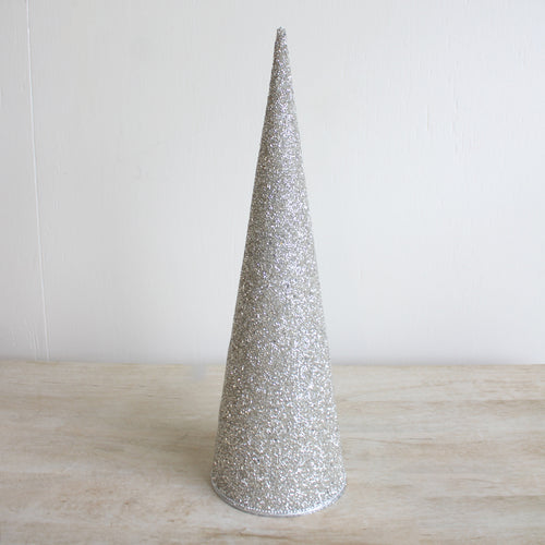 Glittery cone-shaped tree, 16 inches tall, perfect for a neutral holiday decor theme.