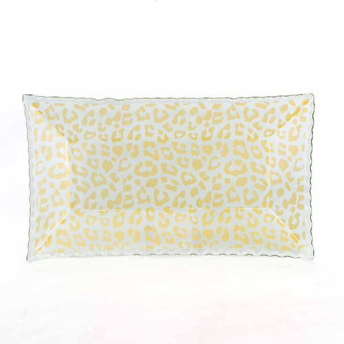 Leopard print serving tray with a rectangular shape.