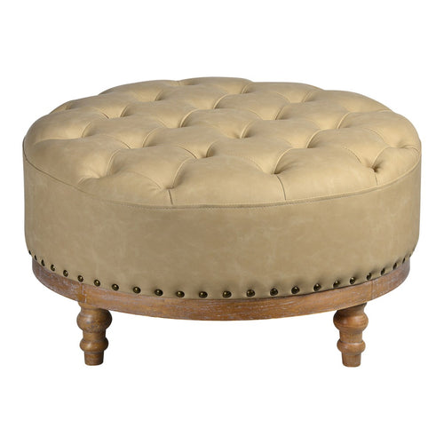 Leather ottoman featuring button tufting and antique brass nails. Dimensions: W32*D32*H19.